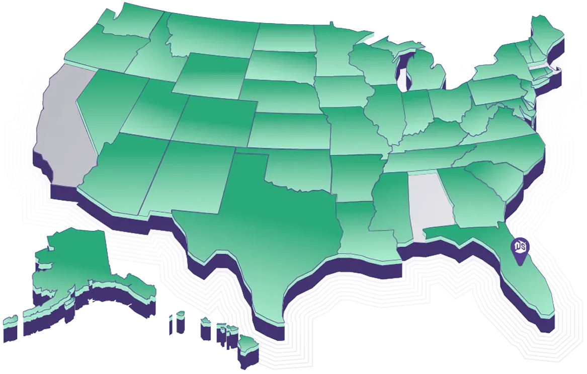 A map of the US with all states that WholeScripts Pharmacy is licensed in